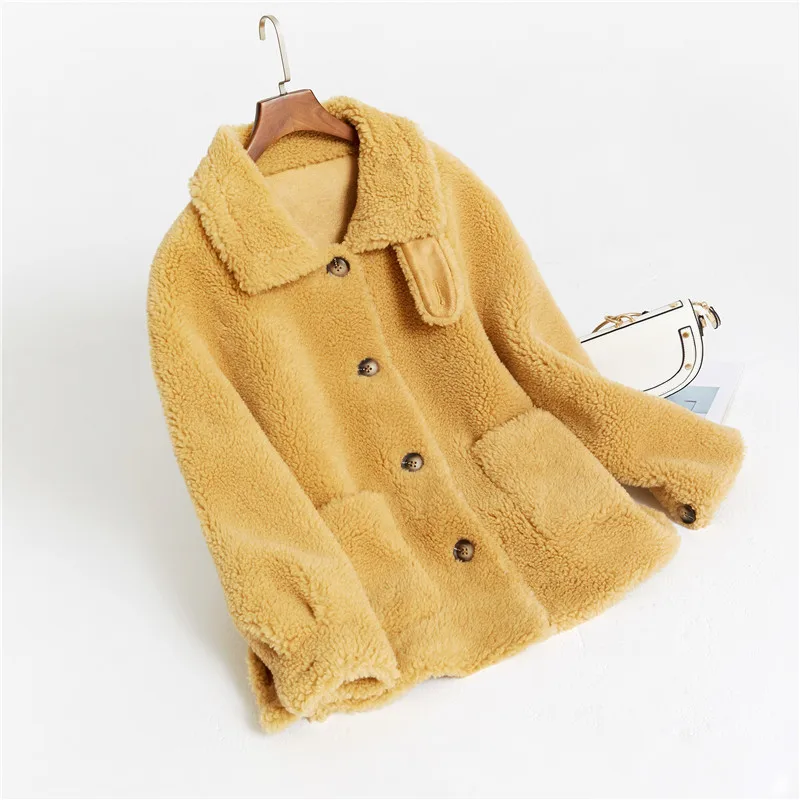 yellow Короткие Тедди Стиль Новые Негабаритных Настоящее Шуба из Ягненка Женская Меховая Зима Натуральная Натуральная Шерсть Овечья Шуба Куртка - Цвет: yellow