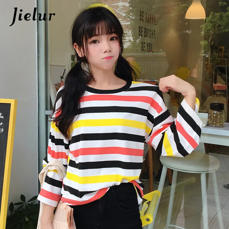 Jielur Chic простые осенние Для женщин Футболки Девушка Свободные круглым вырезом