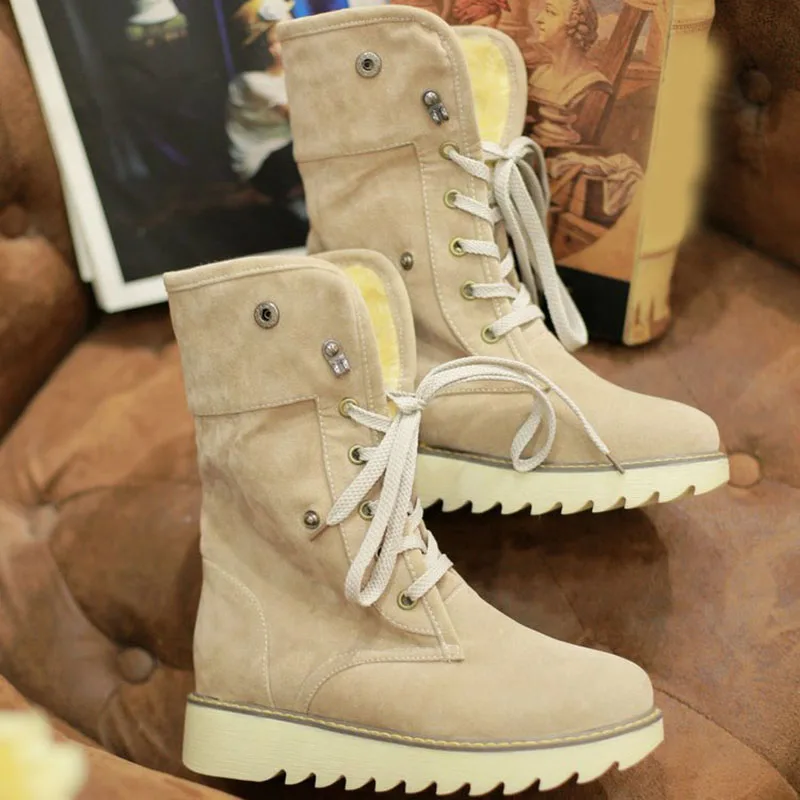 2017 Beige Женские зимние ботинки; коллекция года; зимняя теплая короткая плюшевая женская повседневная обувь; женская модная обувь на плоской платформе с круглым носком на шнуровке - Цвет: 2017 Beige