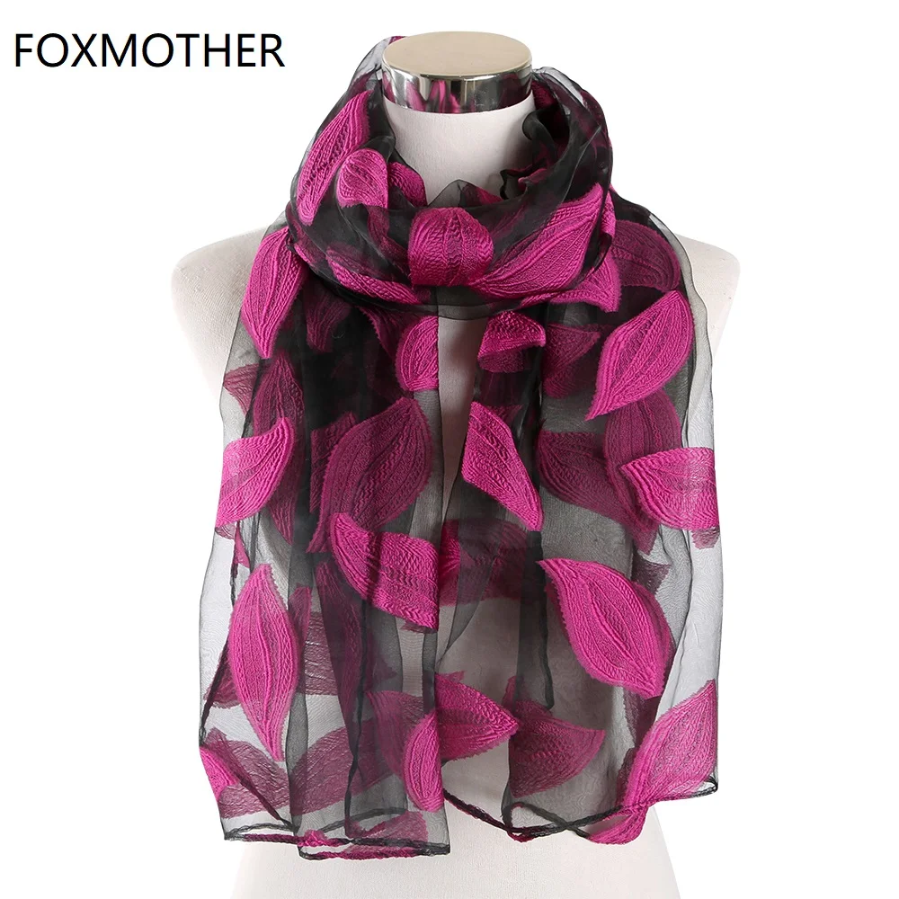 FOXMOTHER, женские шарфы, красный, зеленый цвет, вышитые листья, кружевные шарфы, Цветочный платок с листьями, мусульманский хиджаб, Sjaal, женские шарфы
