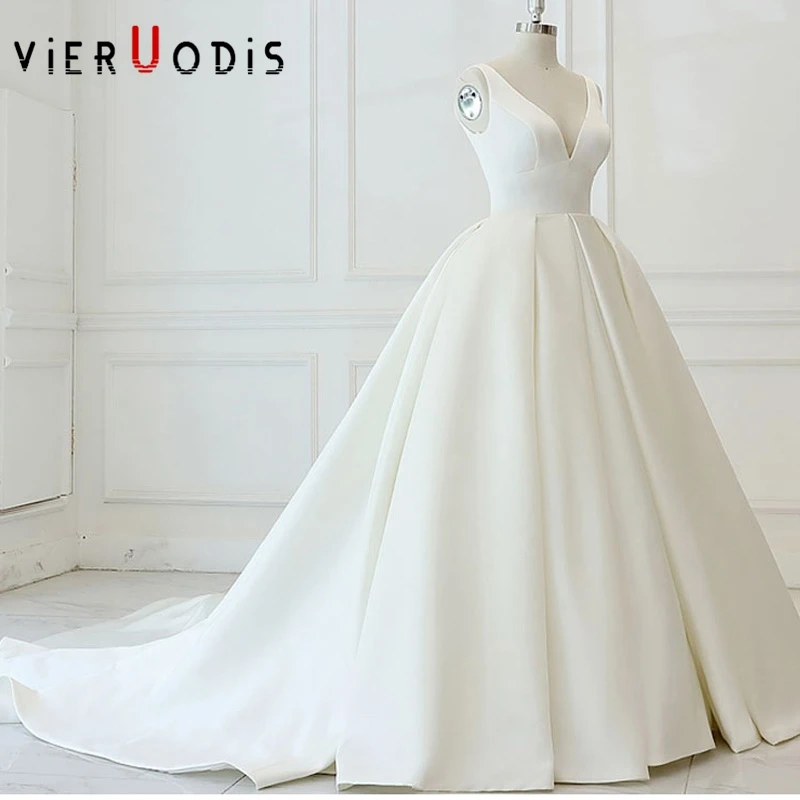 Элегантное блестящее атласное свадебное платье с v-образным вырезом Vestido De Noiva Evase