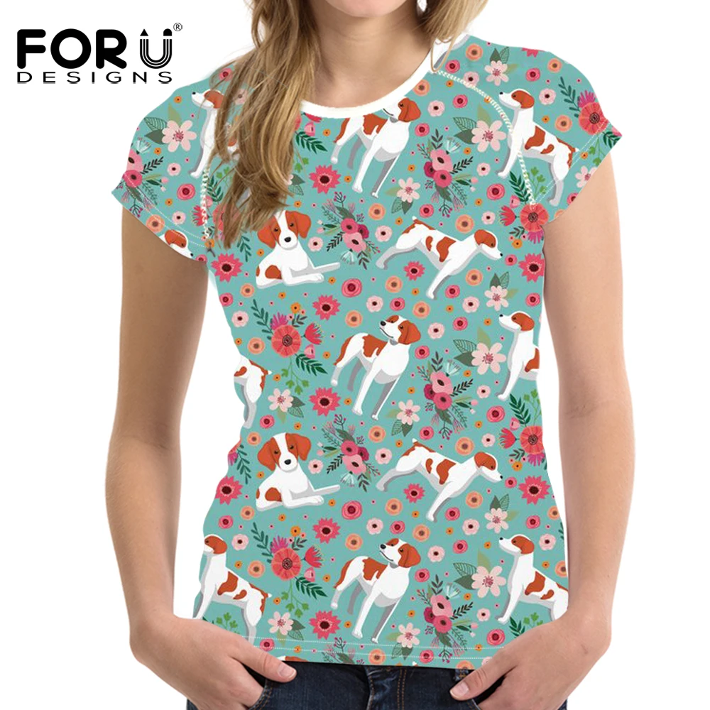 

FORUDESIGNS, 3D Футболка с принтом Бретани, собаки, Женская забавная футболка с цветочным узором, Женские повседневные футболки, рубашка для женщи...