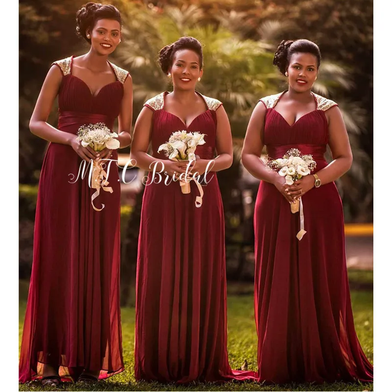 

Элегантные бордовые шифоновые африканские платья, платье подружки невесты 2019, ТРАПЕЦИЕВИДНОЕ Золотое блестящее длинное платье подружки не...