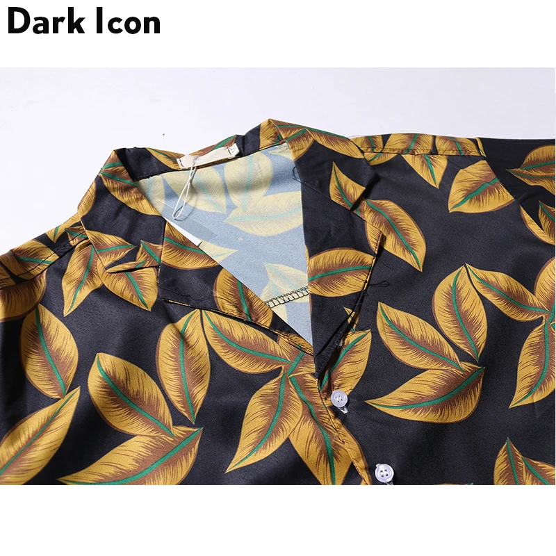 Темный логотип листья полный напечатанный ретрорубашка мужская короткий рукав