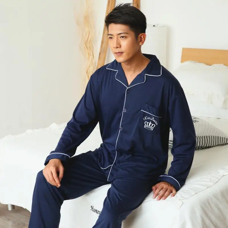 Мужские пижамные комплекты из хлопка с длинным рукавом пижама для отдыха