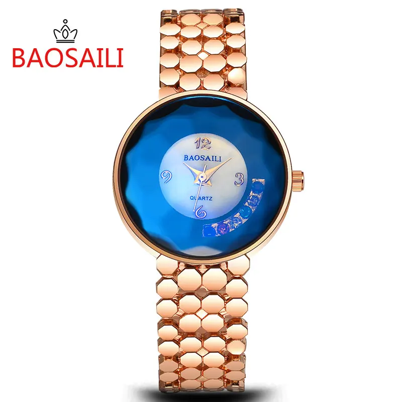 BSL987 бренд baosaili браслет на ногу) с голубыми стразами циферблат Роскошные Для женщин туалетный часы-браслет с золотым покрытием Нержавеющая сталь часы