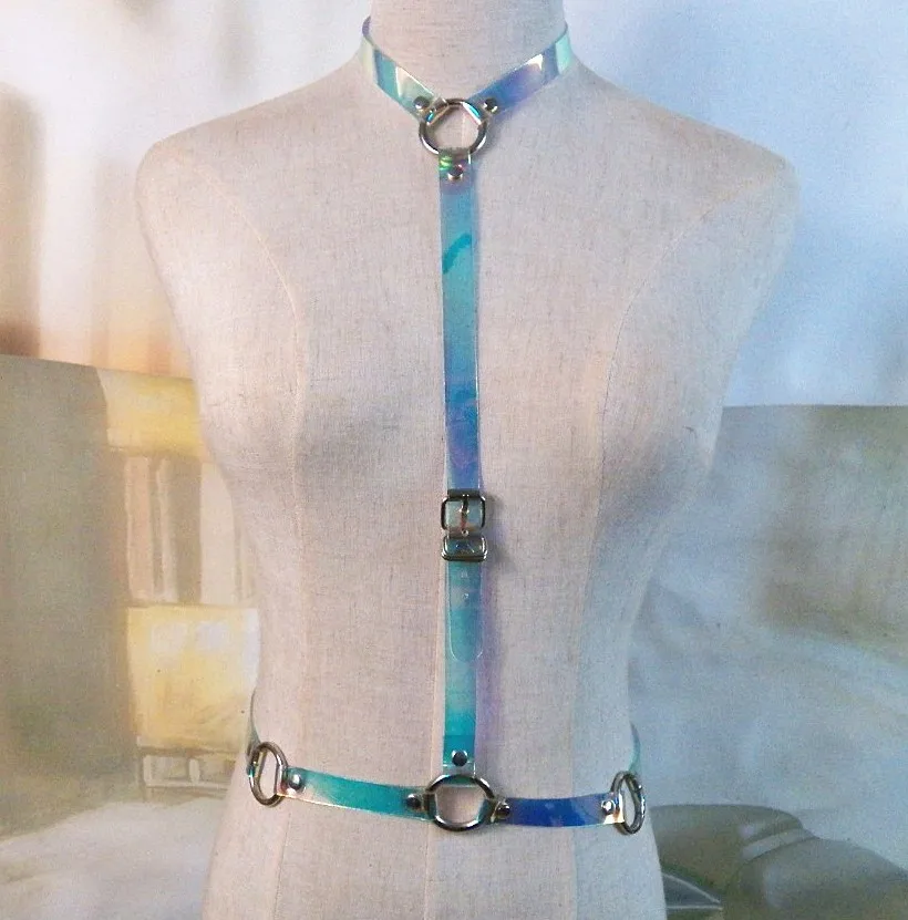 Панк готический ручной кожа прозрачный ПВХ синий винил Холтер Колье жгут тела