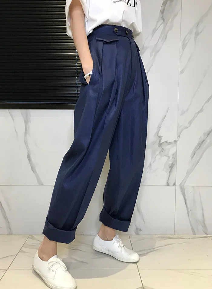 Dark Blue FATIKA брюки с высокой талией, свободные однотонные свободные штаны длиной до щиколотки, элегантные женские высококачественные брюки с карманами, новая женская одежда - Цвет: Dark Blue