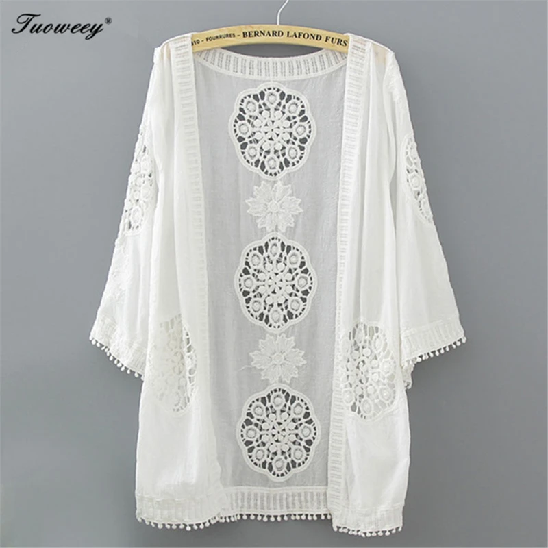 

2020 Casual Loose Woman Shirt Fashion Half Sleeve Kimono Cardigan Blouses Hollow Out White Lace Blouse Kimono Summer Women Tops