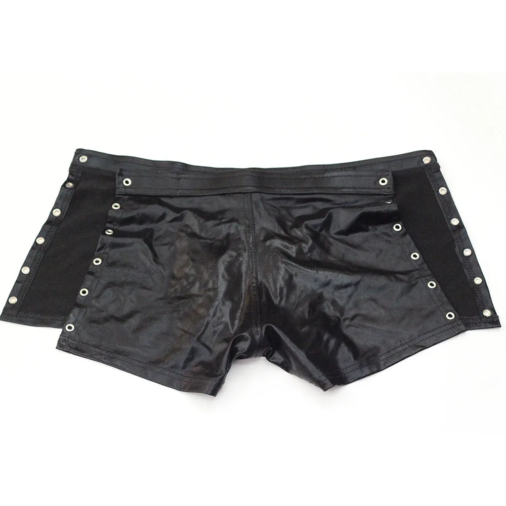 Sexy Men Leather Boxer Underwear Erotic Jockstrap Black Faux Vinyl Male Panties Zipper Front Gay Boxer Shorts Pouch Underpants