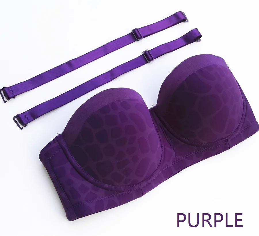Purple 36D-46D Женский Сексуальный Бюстгальтер-балконет с геометрическим принтом без бретелек, половина чашки, на косточках, силиконовый ремешок, многополосный бюстгальтер H918 - Цвет: Purple