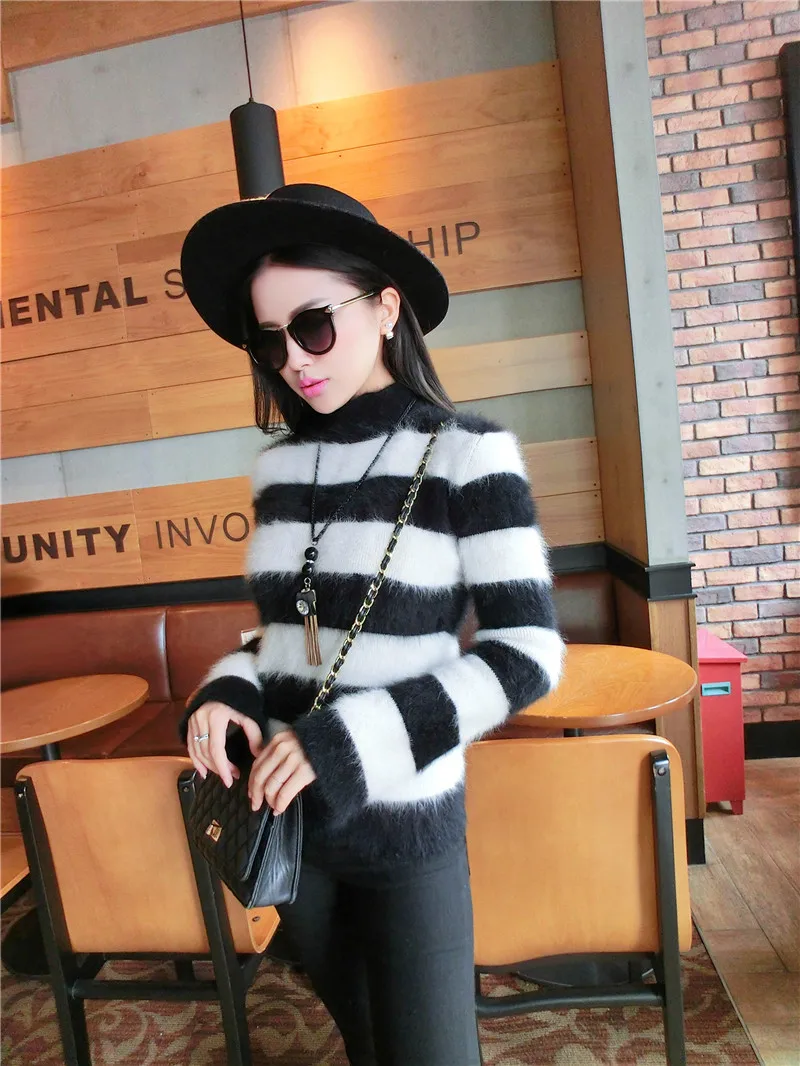 Women Mink Cashmere Pullovers Sweaters Black And White Striped Turtleneck Coat Free Shipping | Женская одежда
