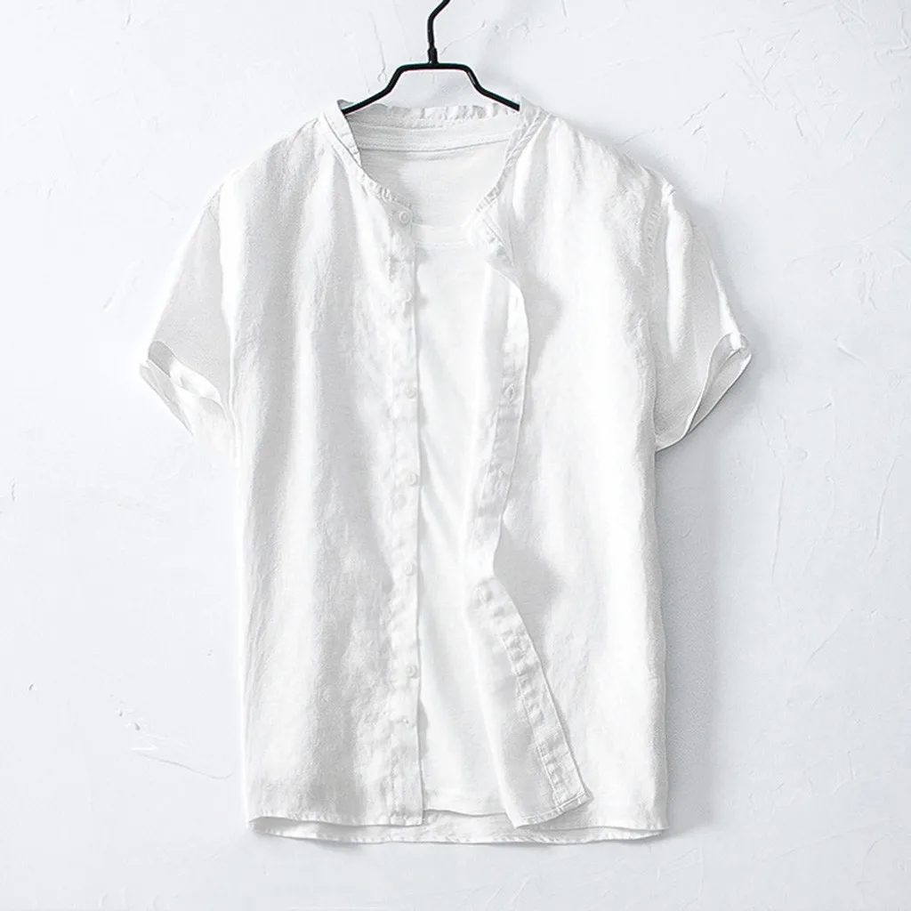 Мужская свободная однотонная хлопковая льняная рубашка с коротким рукавом