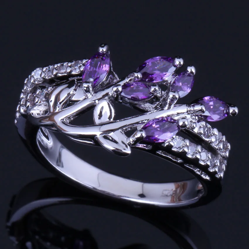 

Tantalizing Plant Purple Cubic Zirconia White CZ Silver Plated Ring V0439