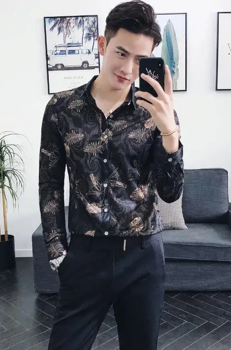 

Men's shirt floral trend pattern long-sleeved shirt hair stylist thin section small shirt autumn youth popular printing shirt