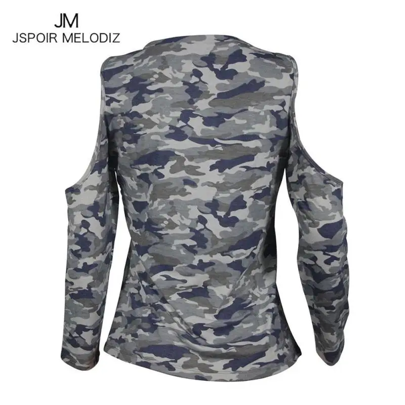 Пикантные Для женщин камуфляжная футболка 2017 осень-зима с плеча Свободные Топы