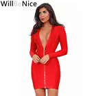 Женское облегающее платье WillBeNice, Красное Облегающее платье с глубоким v-образным вырезом и длинным рукавом, Клубная одежда, осень-зима 2019