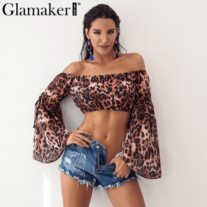 Glamaker, с открытыми плечами, леопардовая Сексуальная Блузка, рубашка, эластичная, с расклешенными рукавами, шифоновая блузка, женская летняя укороченная блузка, вечерняя одежда
