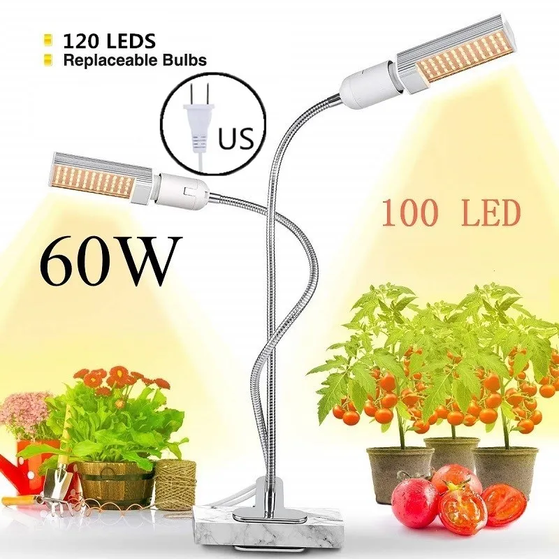 60W with US Plug Светодиодный светильник для выращивания растений, солнечный свет, полный спектр, 45 Вт, 50 Вт, 60 Вт, E27, с двойной головкой, гибкая лампа для теплицы, цветок, Фито, лампа EU/US - Испускаемый цвет: 60W with US Plug