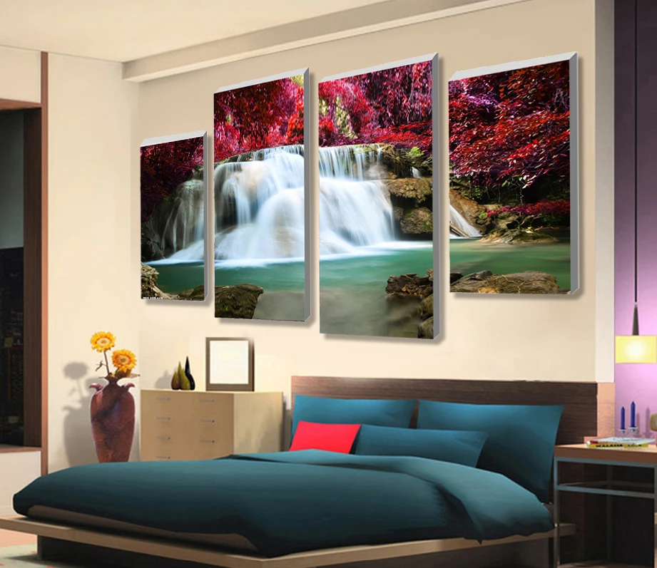 4 Panel Sets Beautiful Waterfall Landscape Painting Flowers Modern Pictures On Canvas Artwork Print Customized Picture A-10-120 | Дом и сад