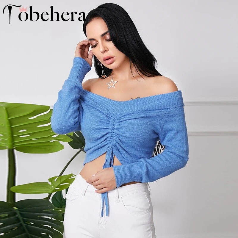 Glamaker Off shoulder blue long sleeve sweater Women drawstring sexy thin crop Knitted high fashion 2019 autumn jumper |