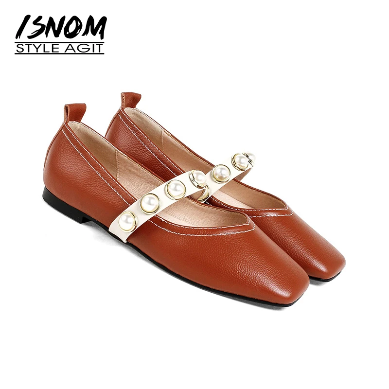 ISNOM Genuine Leather Pearl Strap Women Flats Square toe Ladies Flat Shoes Casual Dress Woman Footwear Girls | Обувь