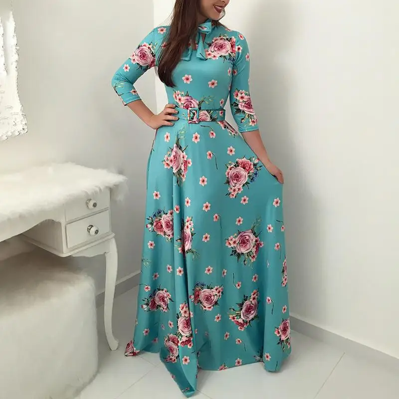 Женское платье макси с цветочным принтом на осень и зиму повседневное длинное