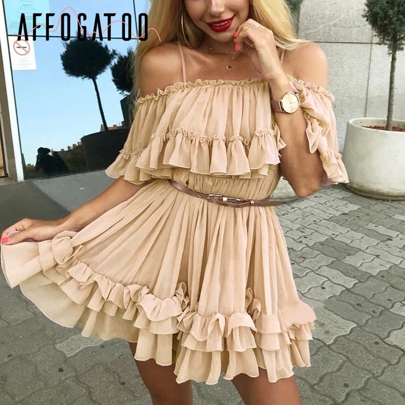 Bare yellow Afogatoo элегантное Плиссированное шифоновое летнее розовое платье с оборками, женское сексуальное синее платье с открытыми плечами, женские пляжные мини-платья для отдыха - Цвет: Bare yellow