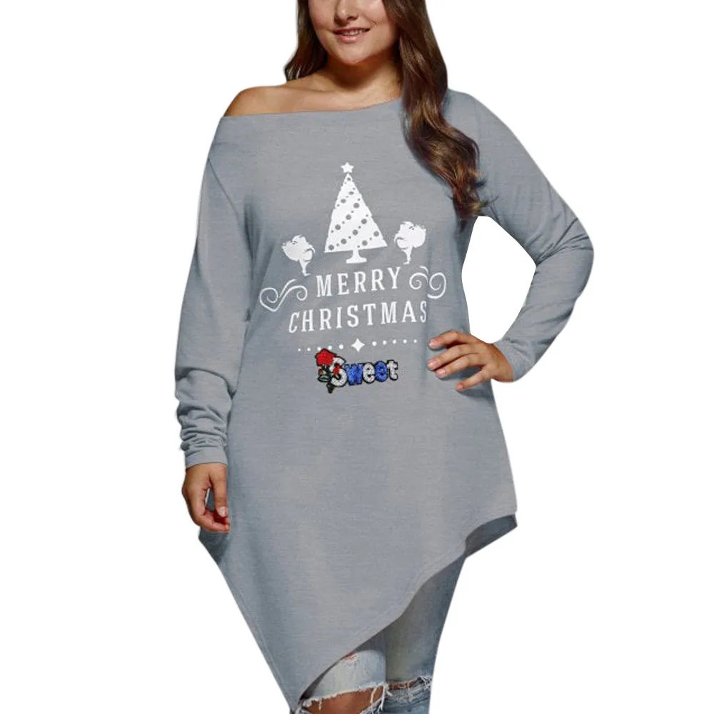 Модные женские новогодние майки на каждый день размера плюс 5xl с рождественским перекосом, асимметричная Рождественская Футболка camiseta
