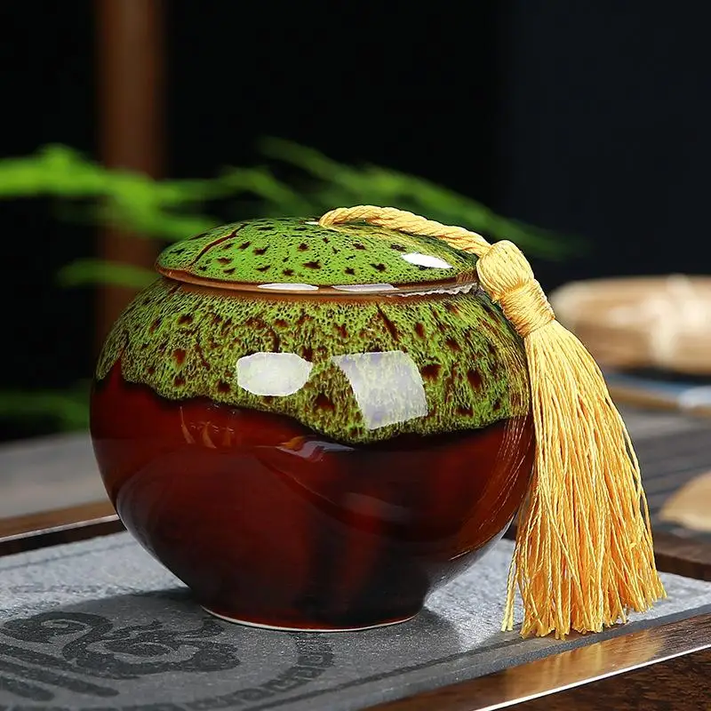 green Креативная Чайная Коробка керамическая хранение чая китайская кисточка крышка печатная чайная коробка для кофе порошок Органайзер банки желтый чай посуда - Цвет: green