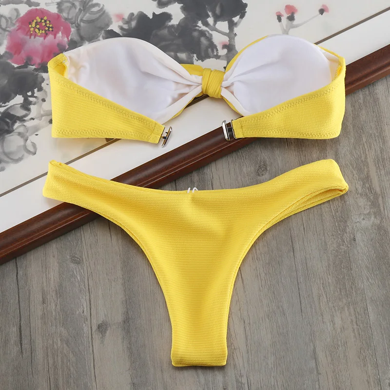 Женское желтое бикини сексуальный купальник с бантом пляжная одежда однотонный