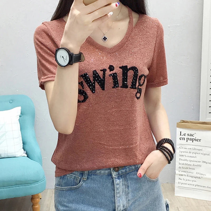 

Женская футболка shintimes, летняя повседневная футболка в Корейском стиле с бриллиантами и буквенным принтом, свободная винтажная женская фут...