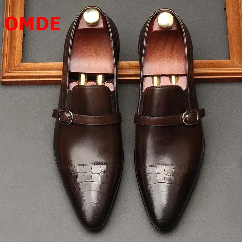 OMDE Pointed Toe Genuine Leather Shoes Men Loafers Handmade Buckle Straps Wedding Slip On Dress | Обувь