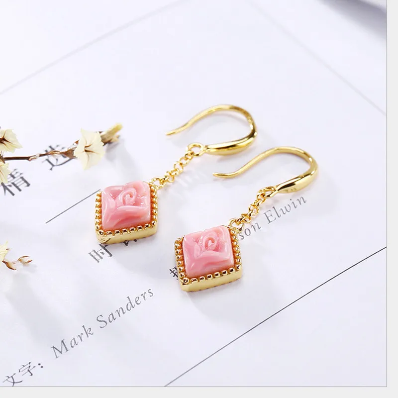 Uglyless Geometric Fine Jewelry for Women Natural Pink Shell Earrings Handmade Rose Flower Gold Plated Solid 925 Silver | Украшения и