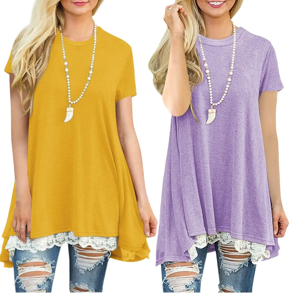 Женские летние футболки 2019 модные повседневные кружевные лоскутные Кофты с