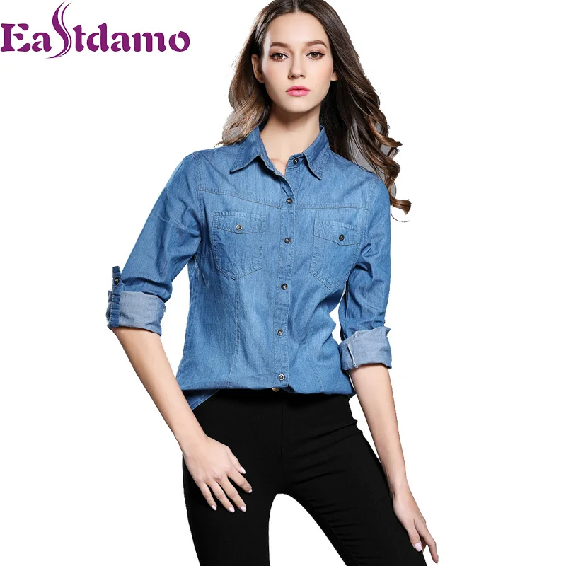 Eastdamo новый осень 2017 г. женские джинсовые рубашки Slim с длинным рукавом синие