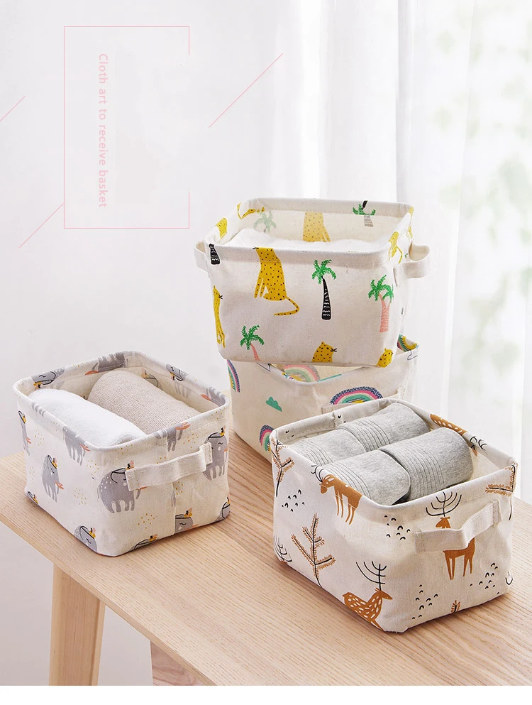 Storage Basket DIY Office Desktop Organize Folding Linen Toy Storage Box Pastoral Floral Animal Jewelry Makeup Organizer Baskets