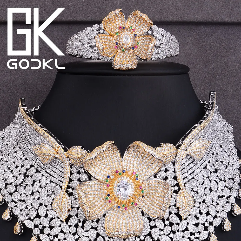 GODKI Роскошные кубический циркон нигерийские Ювелирные наборы для женщин Свадебные индийские цепочки и ожерелья серьги наборы браслет кольцо parure bijoux femme