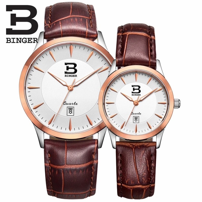 Genuine Luxury BINGER Brand Men Women Lovers couple tables waterproof Calendar quartz watch business casual leather belt table