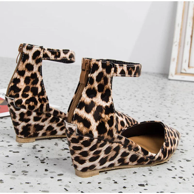 Women Wedge Ankle Strap Pumps Zipper Suede Leopard Pointed Toe Shallow Ladies Shoes Summer Plus Size Casual Sandals New Female