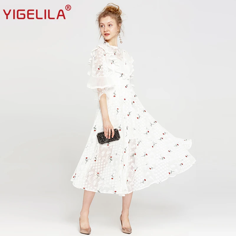 Женское кружевное платье YIGELILA длинное средней длины с О образным вырезом и