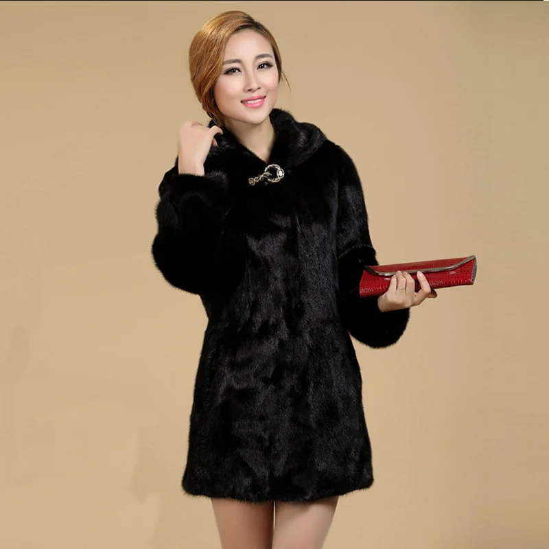 Женское длинное пальто с капюшоном черное из искусственного меха норки размеры