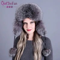 russian leather bomber leather hat women winter hats with earmuffs trapper earflap cap women real raccoon fur black fox