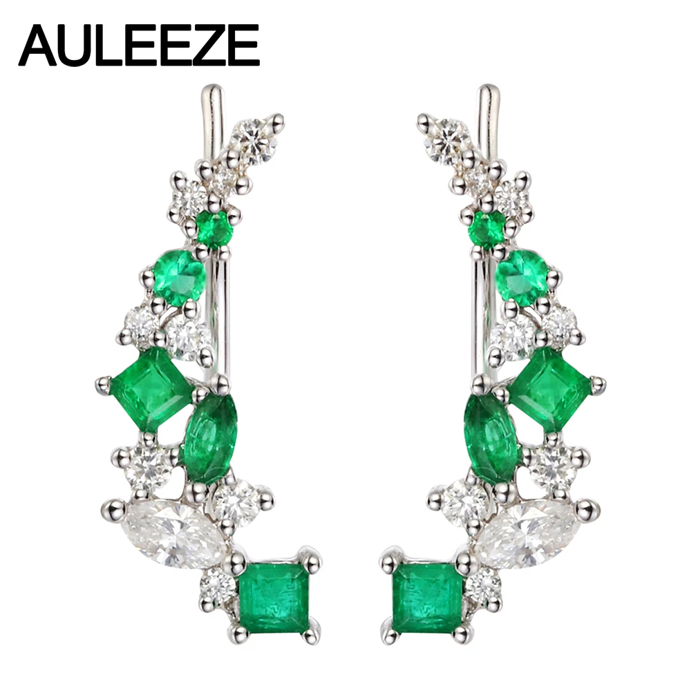 

AULEEZE Natural Emerald Diamond Stud Earrings 18k White Gold Elegant Delicate Earrings Real Diamond Earrings Ladies Jewelry