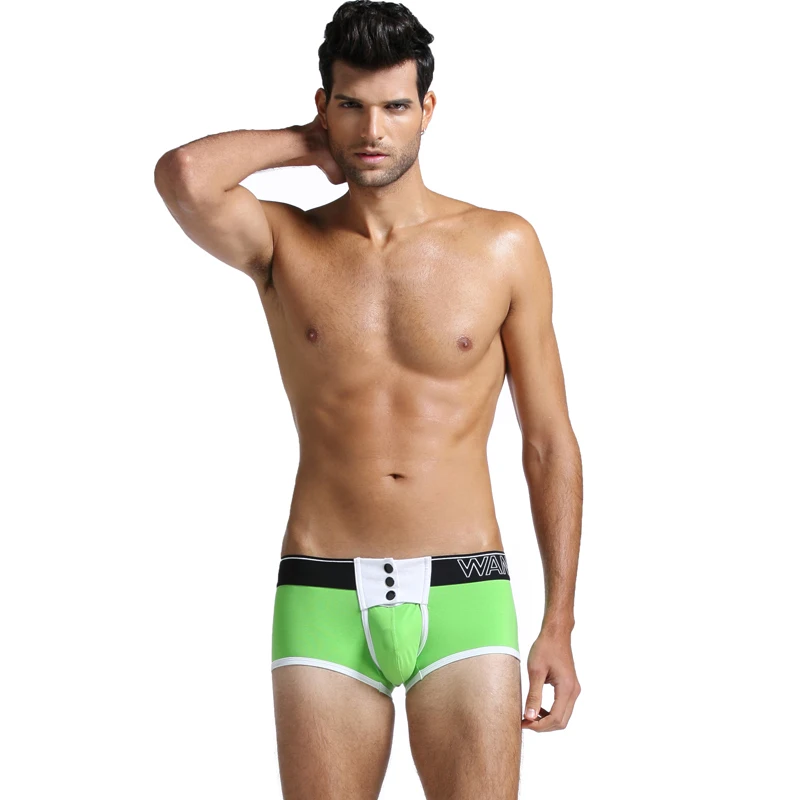 light green WJ, новинка, мужское сексуальное нижнее белье на пуговицах, боксеры, шорты, хлопок, дышащий, с мешочком, увеличивающее нижнее белье, мужские боксеры, Гей Трусы - Цвет: light green