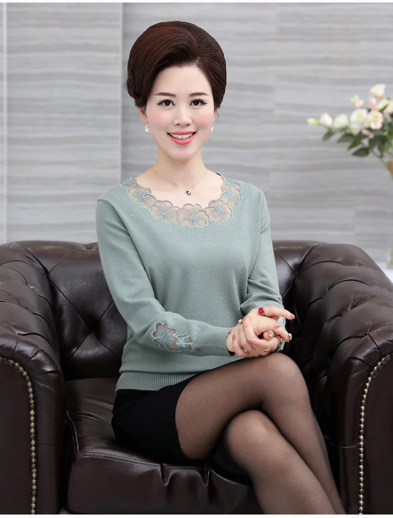 Spring Autumn New Middle-Aged Mother Pullover Sweater Fashion Lace Long Sleeves Sexy knitting Women X441 | Женская одежда