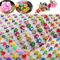 pinksee 10pcs mixed colors polymer clay children kids flower finger rings lovely fashion jewelry for gift adjustable wholesale