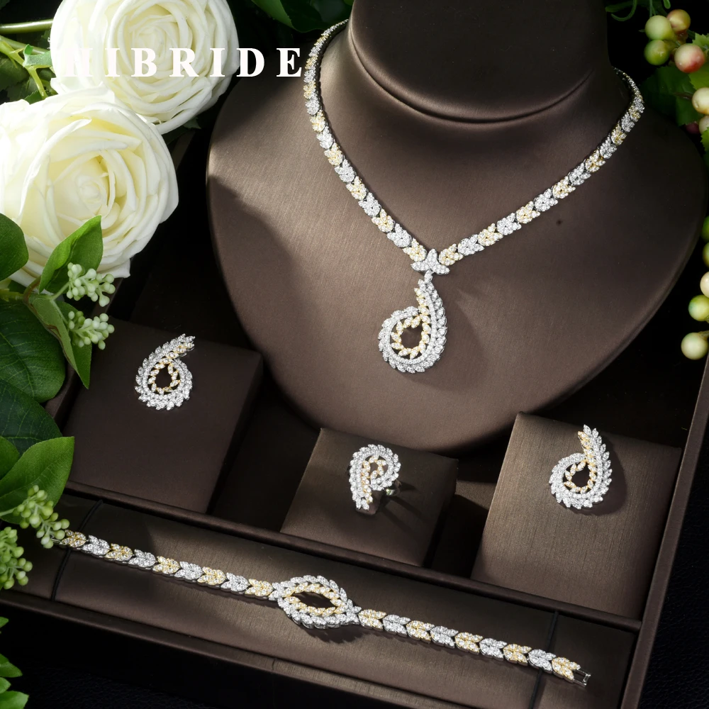 HIBRIDE роскошные 2 тона 4 шт Свадебные циркониевые Ювелирные наборы для женщин