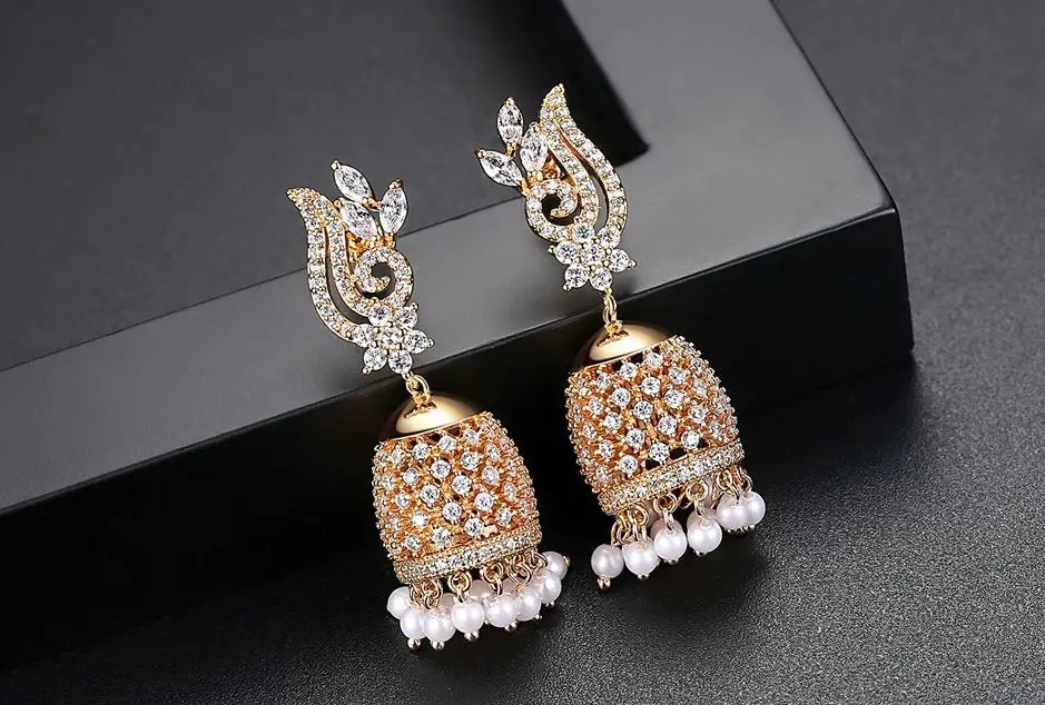 Индийские болливудские Роскошные серьги Jhumki Искусственный Жемчуг Золотое покрытие шампанского Золотая люстра серьги индия невесты ювелирные изделия - Окраска металла: 18K gold plating