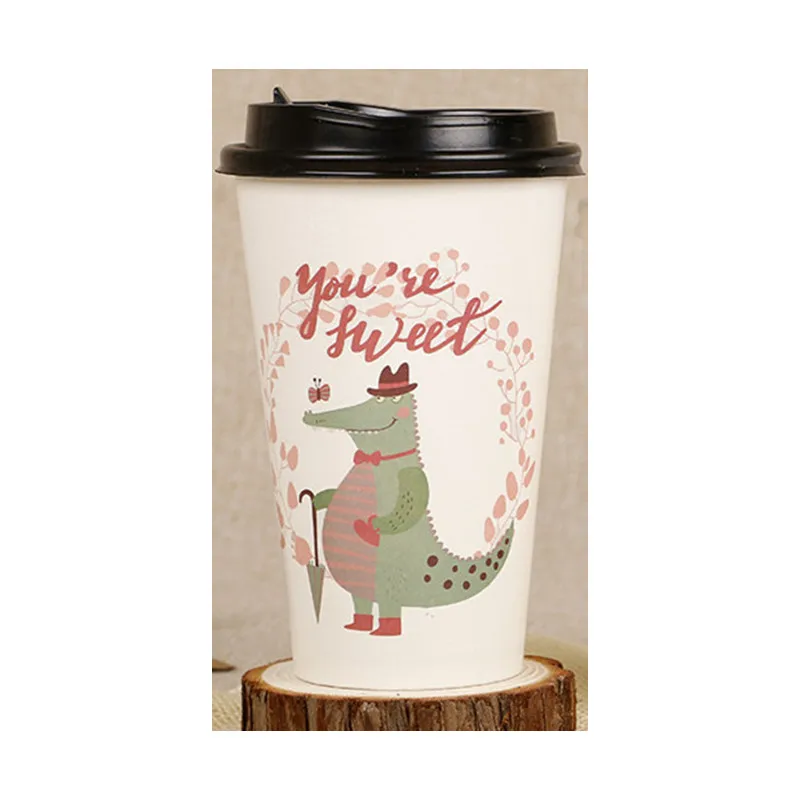 cup and lid 50 шт мультфильм креативная одноразовая кофейная чашка 500 мл вечерние день рождения холодные и горячие напитки толстый молочный бумажный стаканчик для чая с крышкой - Цвет: cup and lid